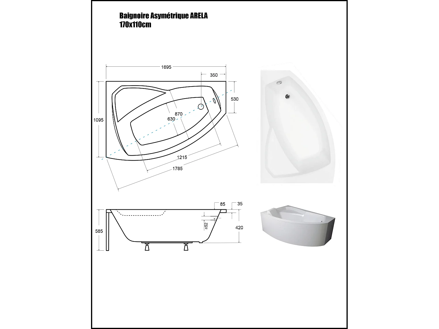 Baignoire Asymétrique avec Tablier - 170 x 110 cm - ARELA - GAUCHE - avec Repose Tête OFFERT