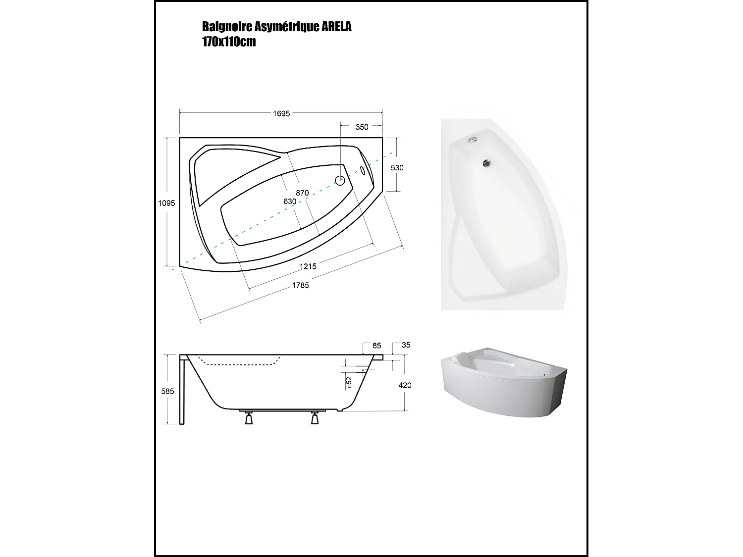 Baignoire Asymétrique avec Tablier - 170 x 110 cm - ARELA - GAUCHE - avec Repose Tête OFFERT