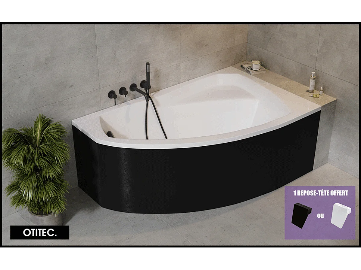 Baignoire Asymétrique avec Tablier Noir - 150 x 95 cm - ARELA - DROITE - avec Repose Tête OFFERT