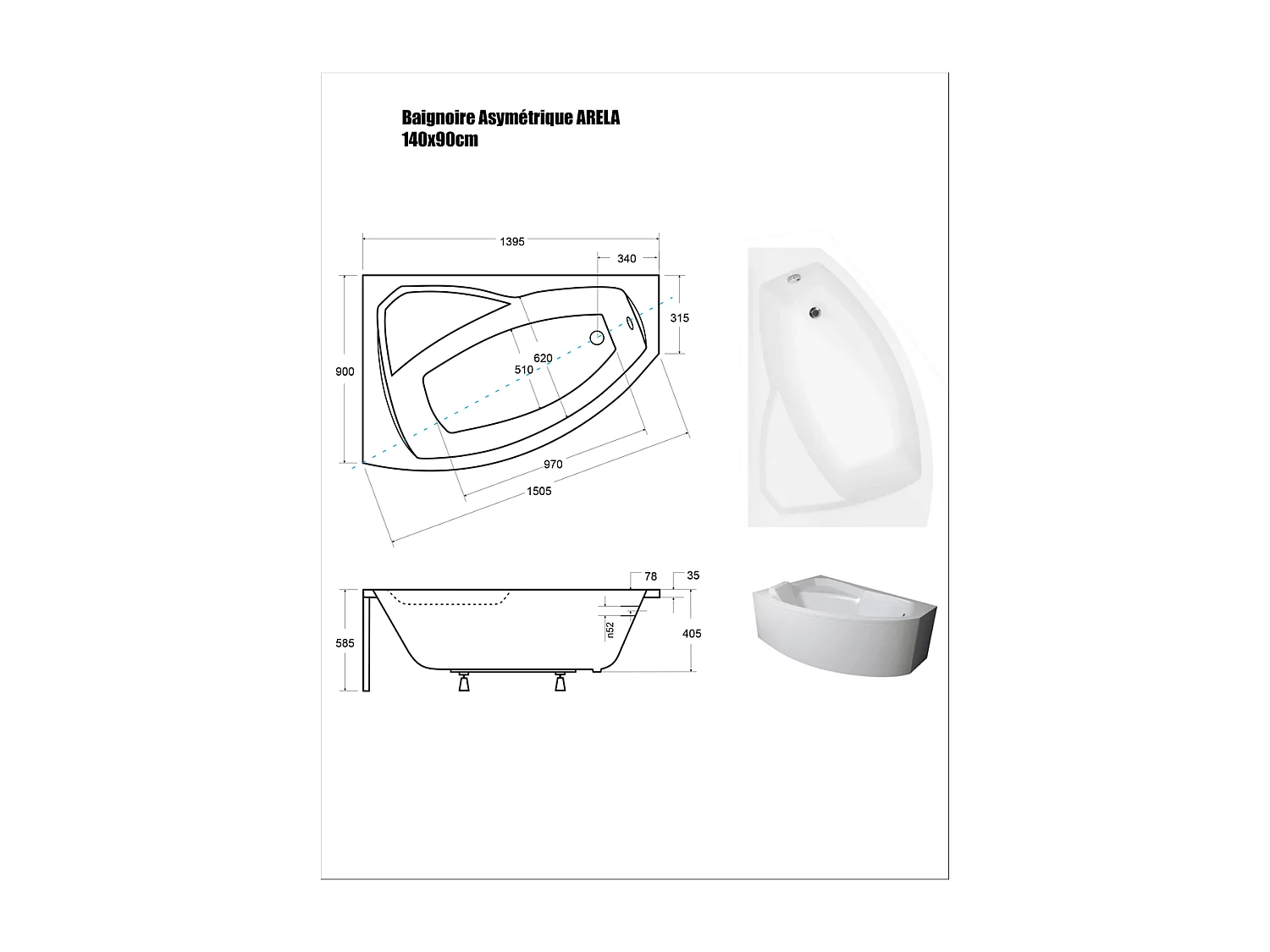 Baignoire Asymétrique avec Tablier Noir - 140 x 90 cm - ARELA - GAUCHE - avec Repose Tête OFFERT