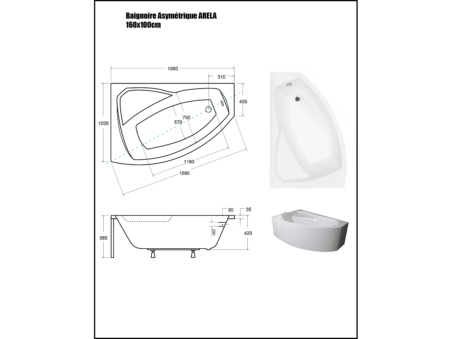 Baignoire Asymétrique avec Tablier - 160 x 100 cm - ARELA - GAUCHE - avec Repose Tête OFFERT