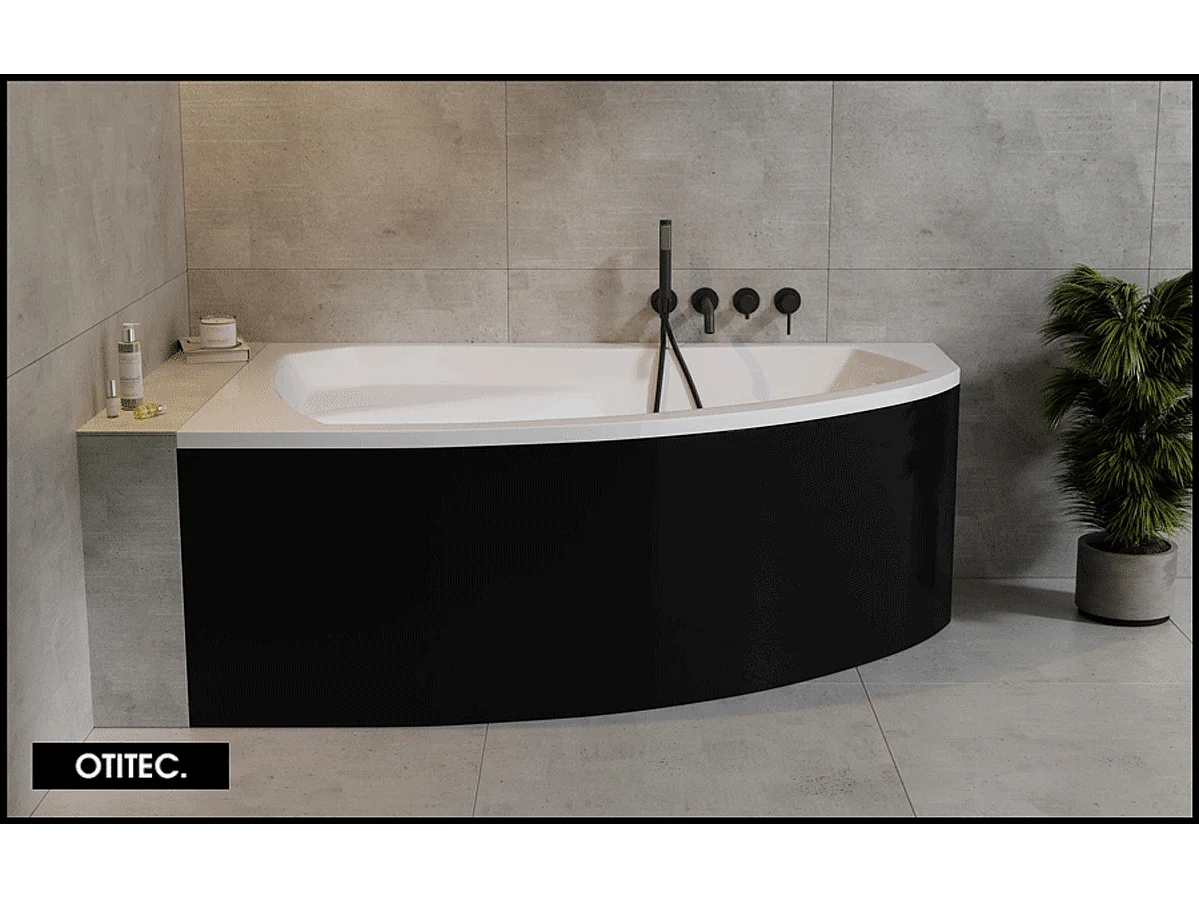 Baignoire Asymétrique avec Tablier Noir - 150 x 95 cm - ARELA - GAUCHE - avec Repose Tête OFFERT