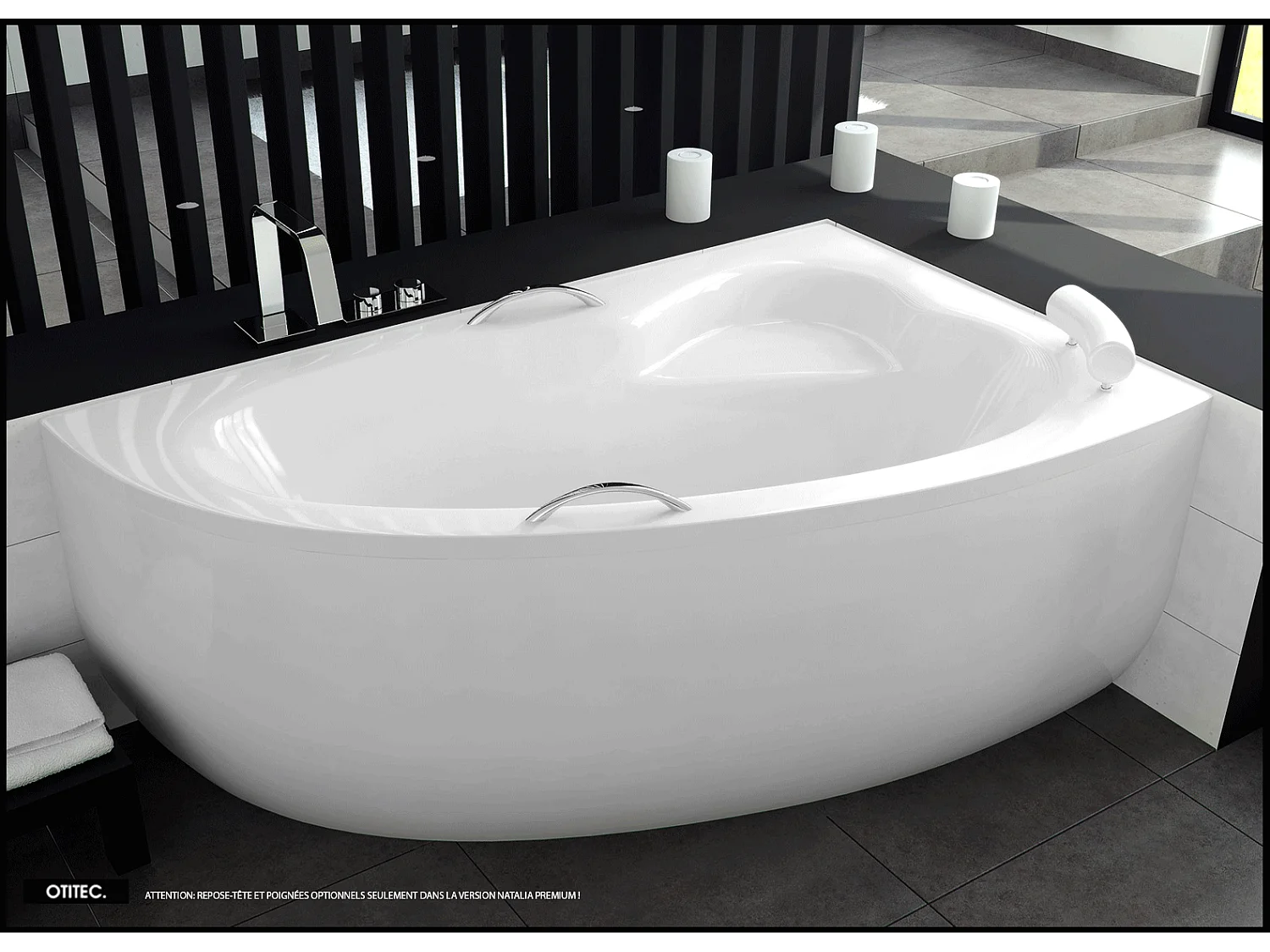 Baignoire asymétrique - 150 x 100 cm - DROITE - NATALIA - Tablier Blanc - avec SIPHON CHROMÉ OFFERT