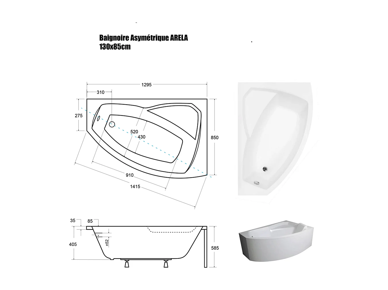 Baignoire Asymétrique avec Tablier - 130 x 85 cm - ARELA - DROITE - avec Repose Tête OFFERT