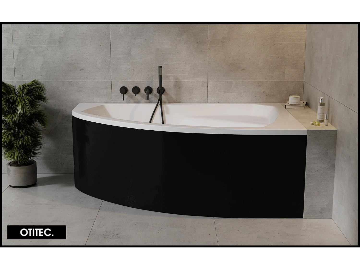 Baignoire Asymétrique avec Tablier Noir - 160 x 100 cm - ARELA - DROITE - avec Repose Tête OFFERT