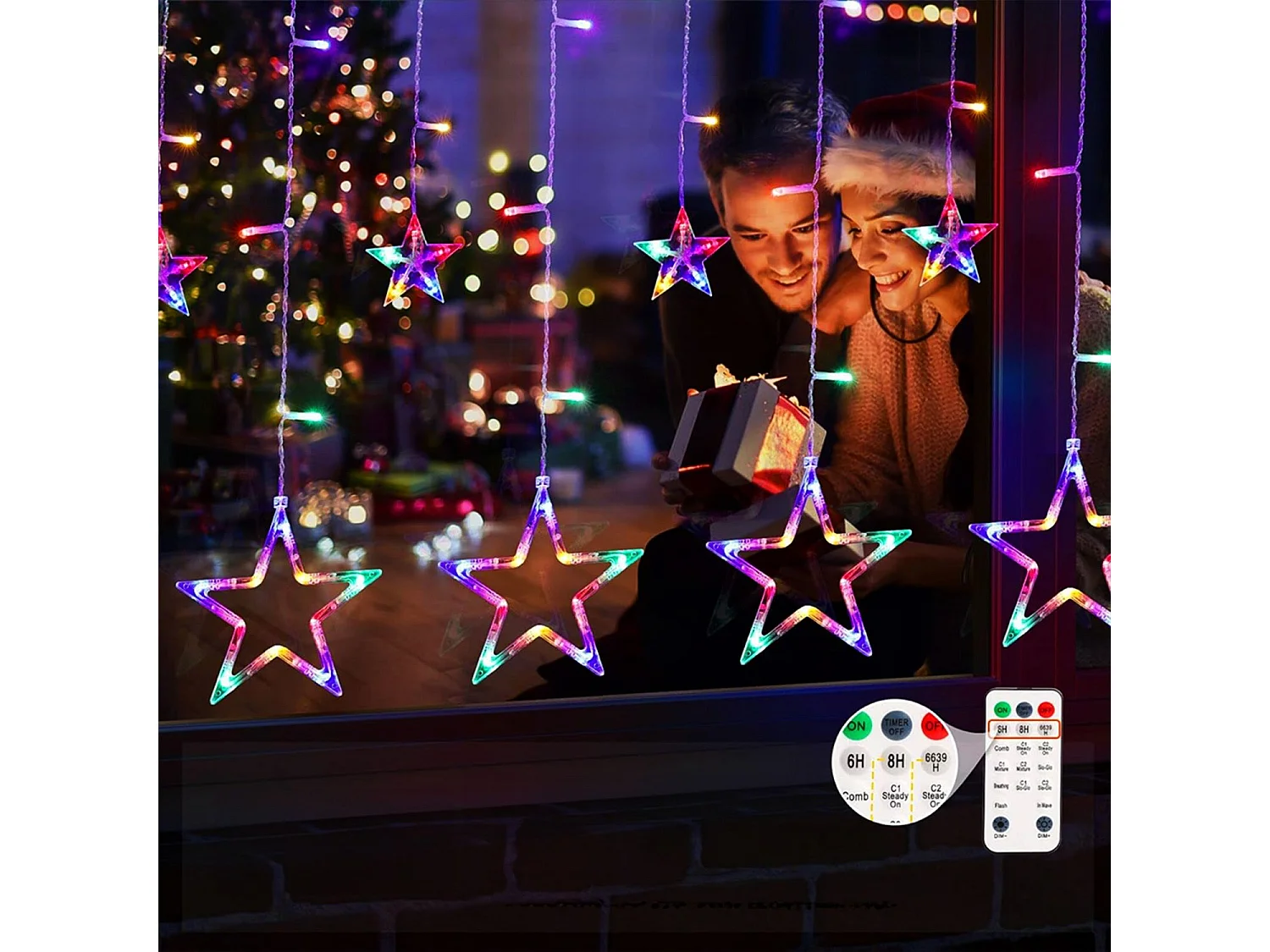 RIDEAU LUMINEUX ÉTOILES + TÉLÉCOMMANDE LED CD002-138  LIGHT GREY