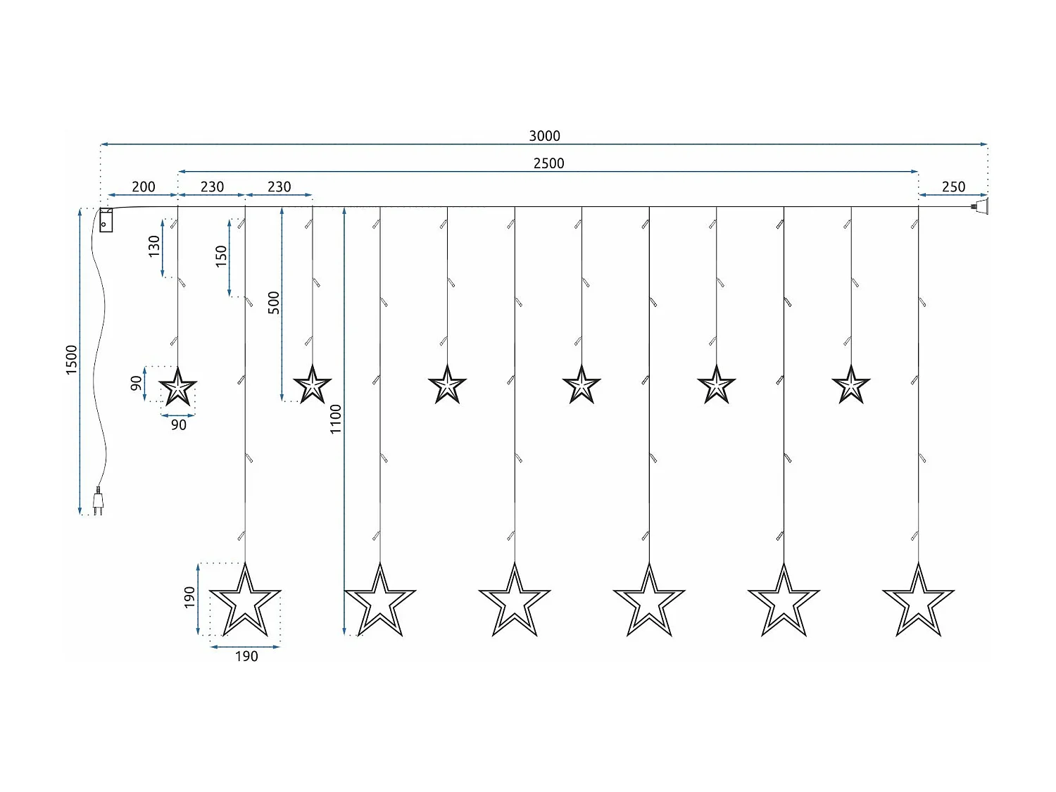 RIDEAU LUMINEUX ÉTOILES + TÉLÉCOMMANDE LED CD002-138  LIGHT GREY