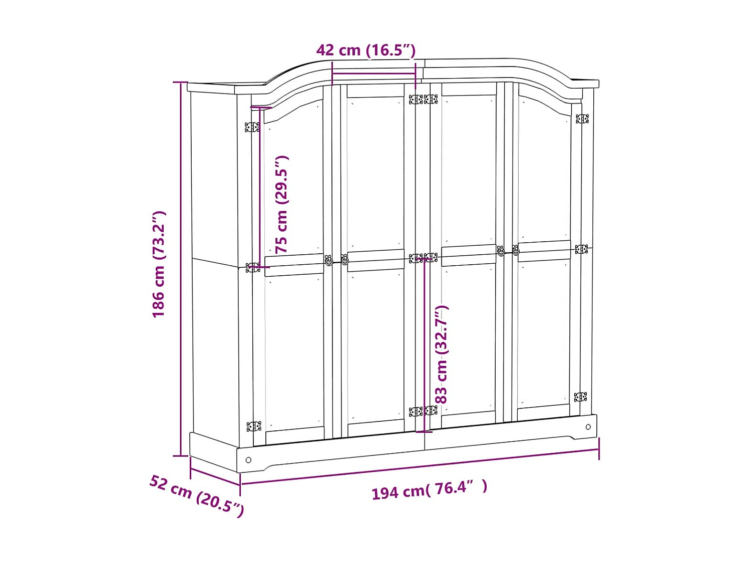 Kleiderschrank Corona 194x52x186 cm Massivholz Kiefer