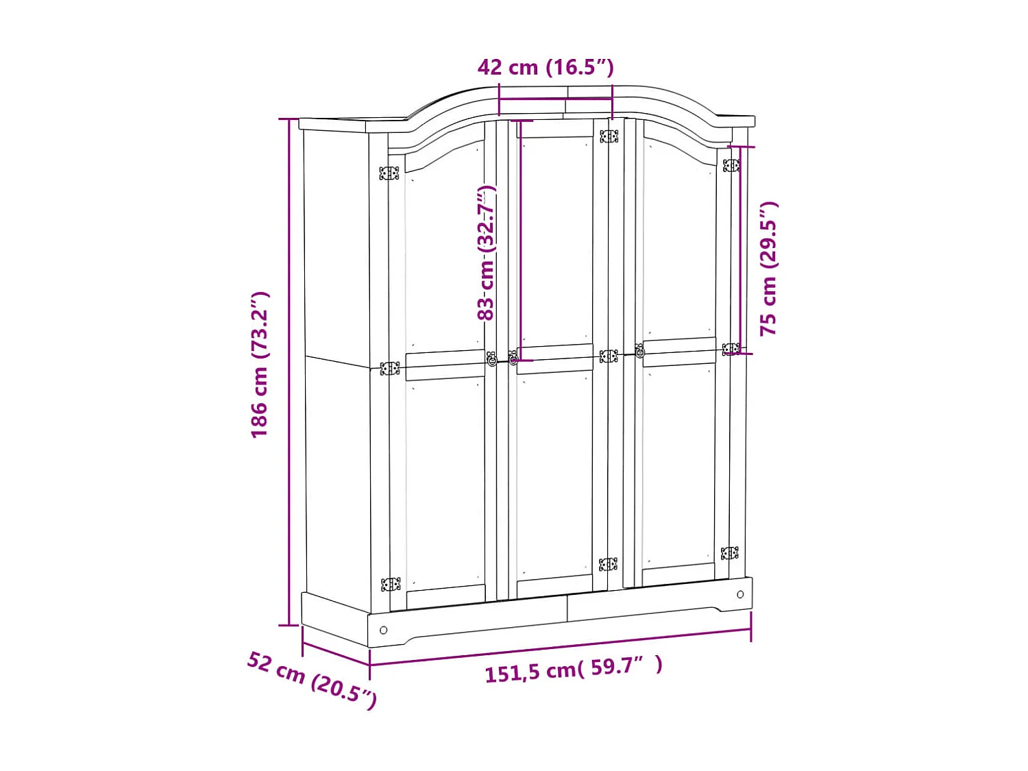 Garde-robe Corona 151,5x52x186 cm bois de pin massif