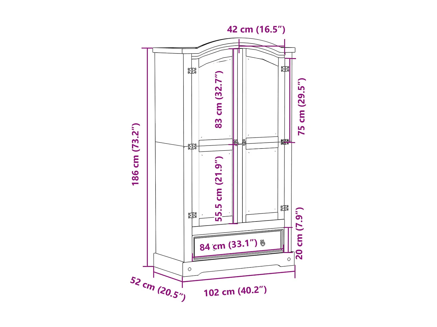 Armadio Corona Bianco 102x52x186 cm in Legno Massello di Pino