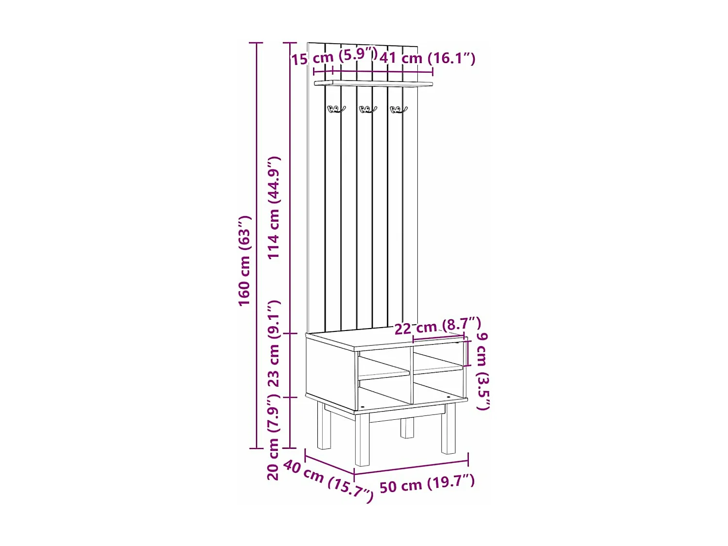 Móvel de entrada OTTA 50x40x160 cm pinho maciço