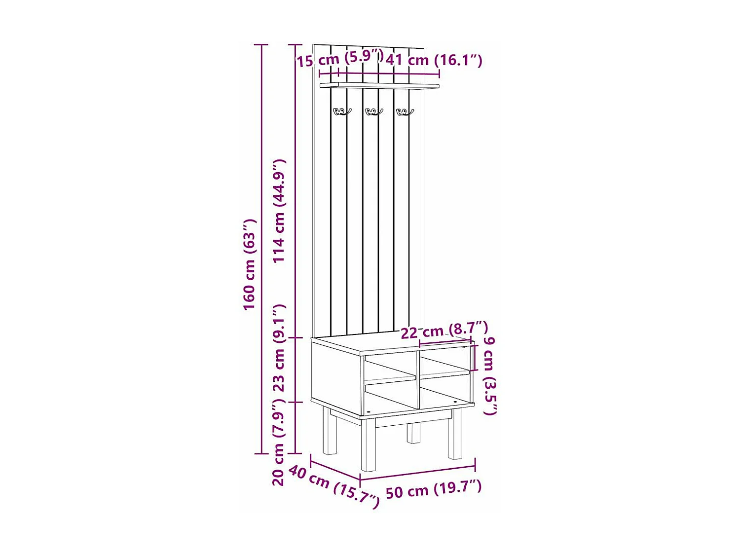 Móvel de entrada OTTA 50x40x160 cm pinho maciço