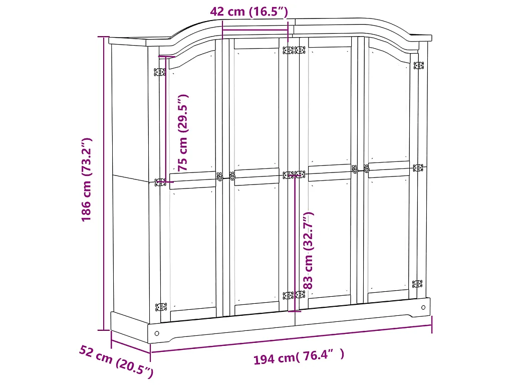 Armadio Corona Bianco 194x52x186 cm in Legno Massello di Pino