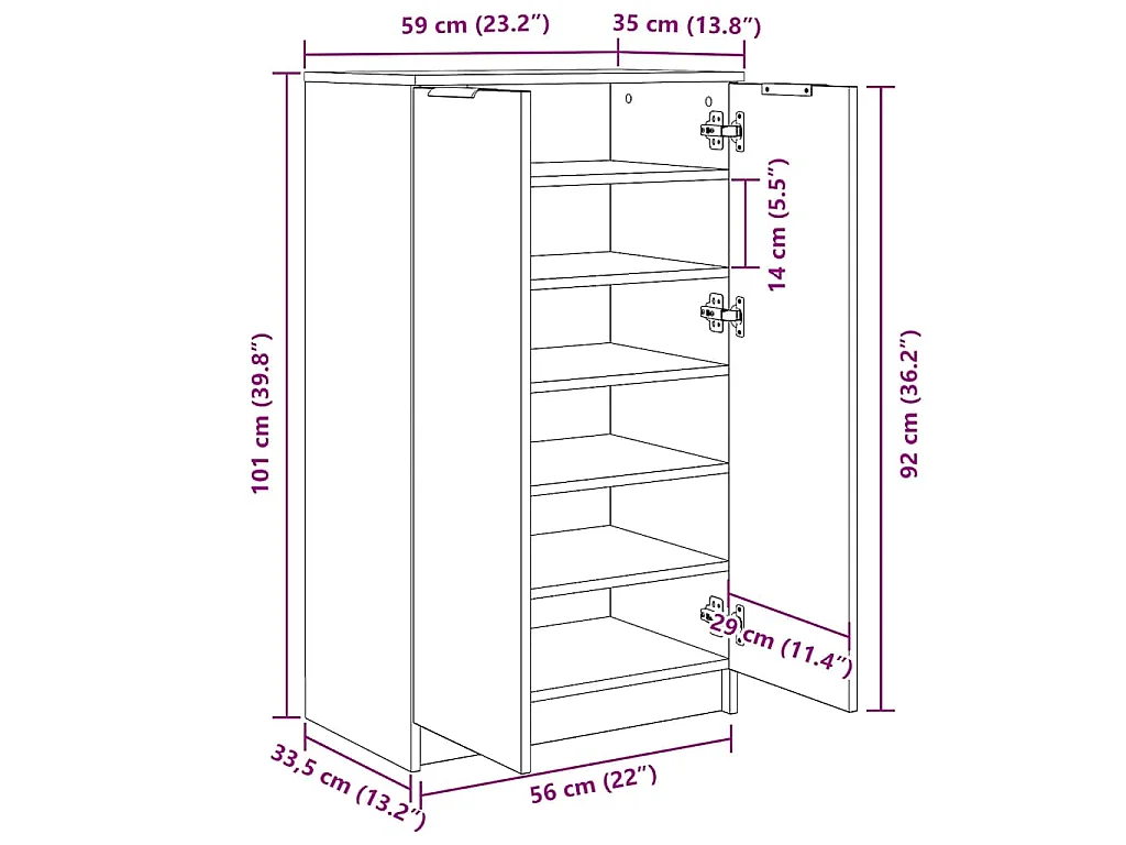 Schoenenkast 59x35x100,5 cm bewerkt hout artisanaal eikenkleur