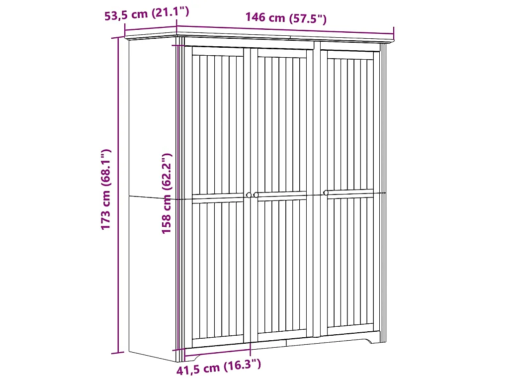 Armadio BODO 146x53,5x173 cm in Legno Massello di Pino Bianco