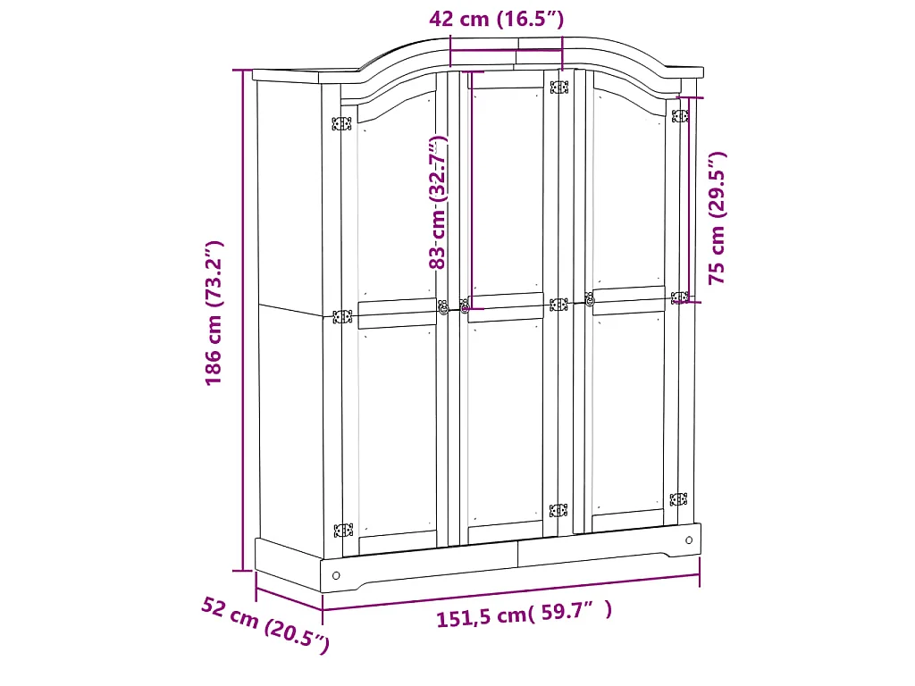 Armadio Corona Bianco 151,5x52x186 cm in Legno Massello di Pino
