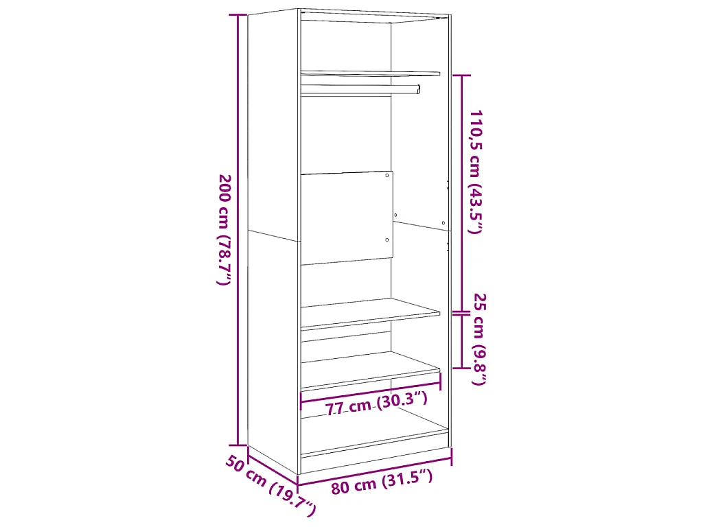 Kleiderschrank Räuchereiche 80x50x200 cm Holzwerkstoffs