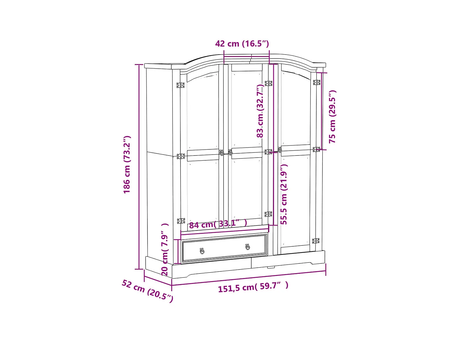 Kleiderschrank Corona 151,5x52x186 cm Massivholz Kiefer