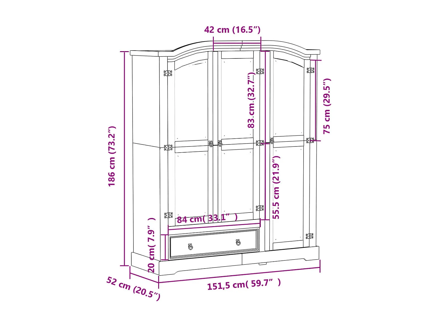 Armadio Corona 151,5x52x186 cm in Legno Massello di Pino