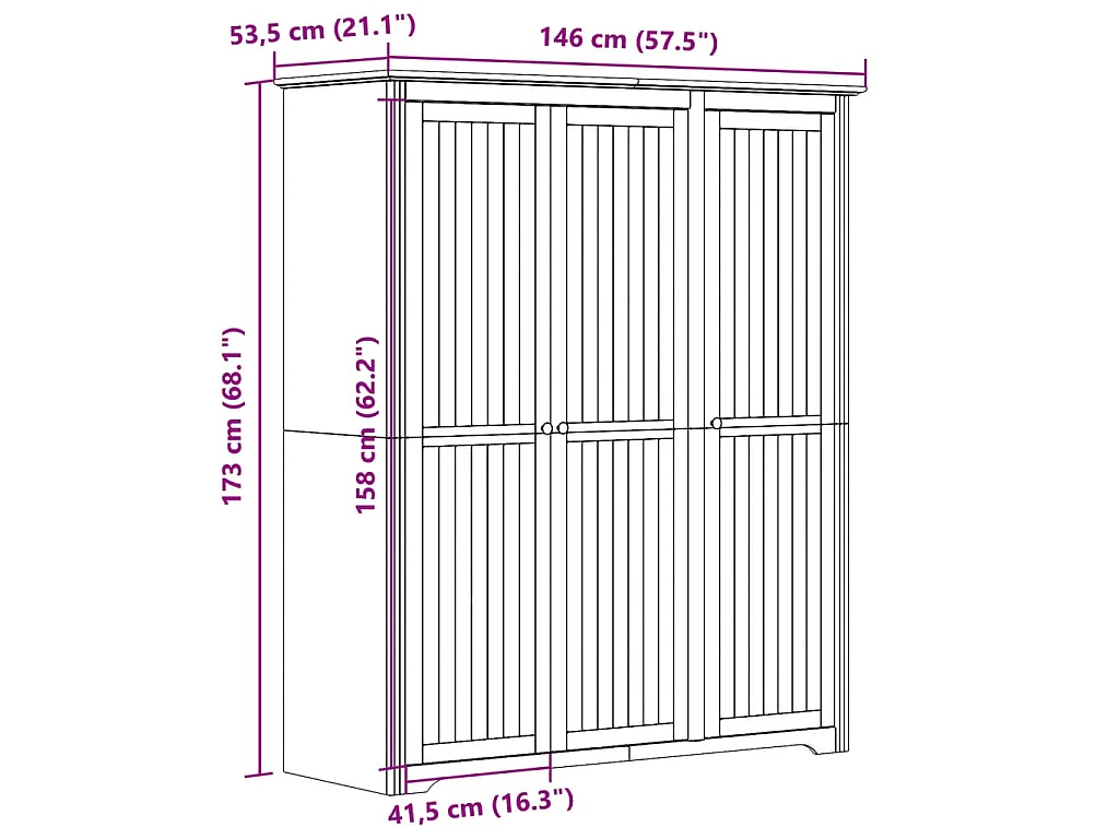 Garde-robe BODO gris 146x53,5x173 cm bois massif de pin