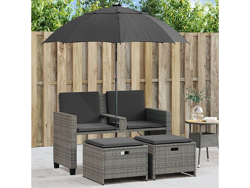 Tuinbank 2-zits met parasol en voetenbanken poly rattan grijs