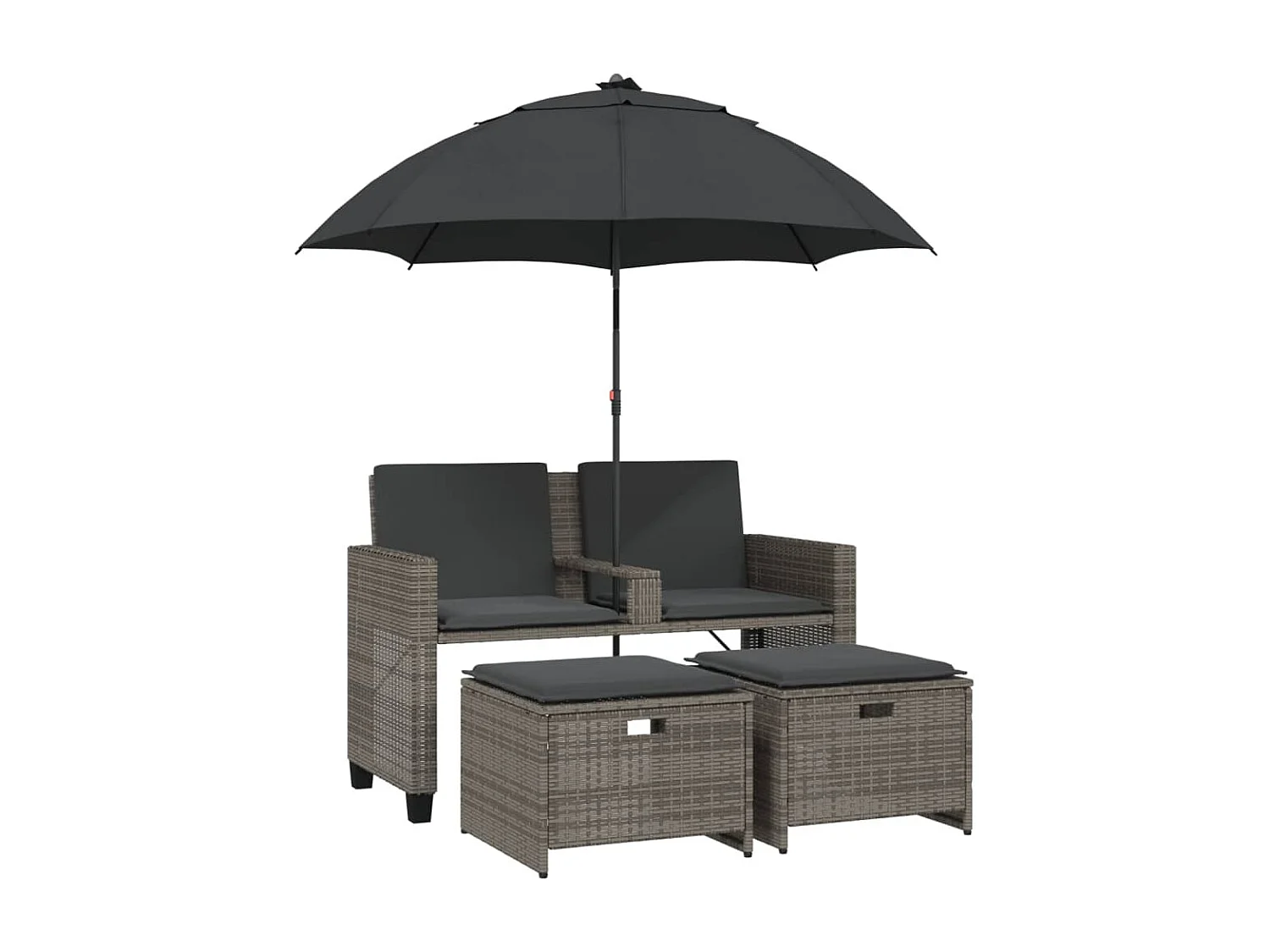 Gartensofa 2-Sitzer Sonnenschirm und Hocker Grau Poly Rattan