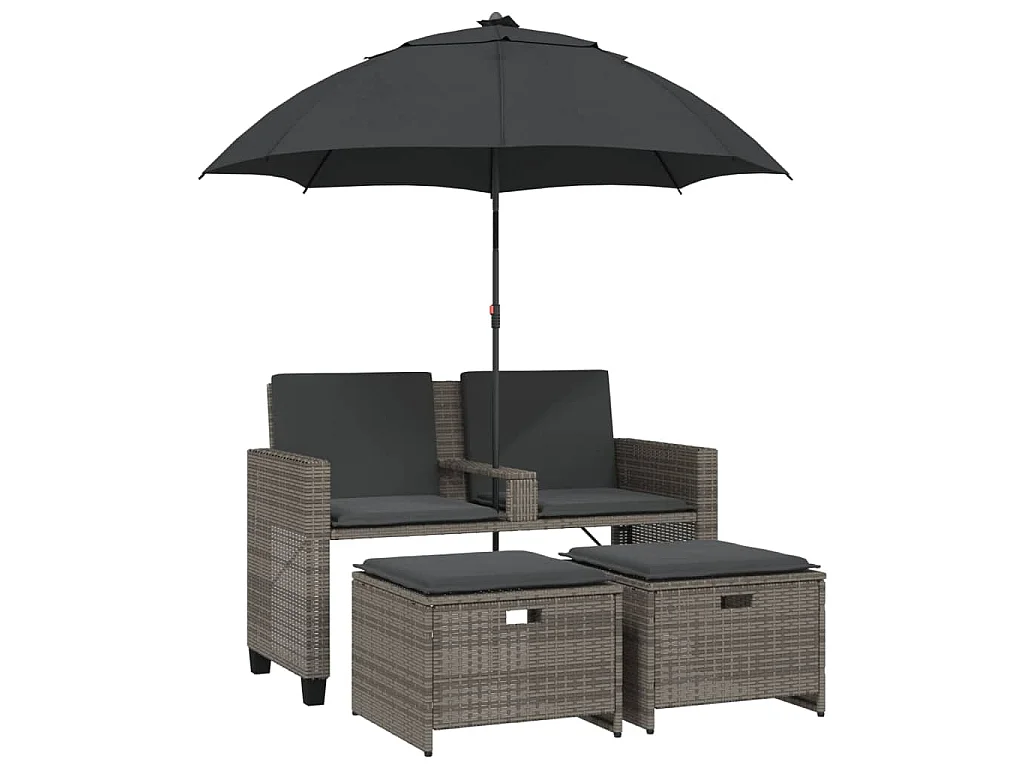 Tuinbank 2-zits met parasol en voetenbanken poly rattan grijs