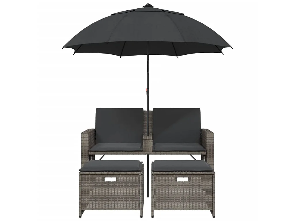 Tuinbank 2-zits met parasol en voetenbanken poly rattan grijs