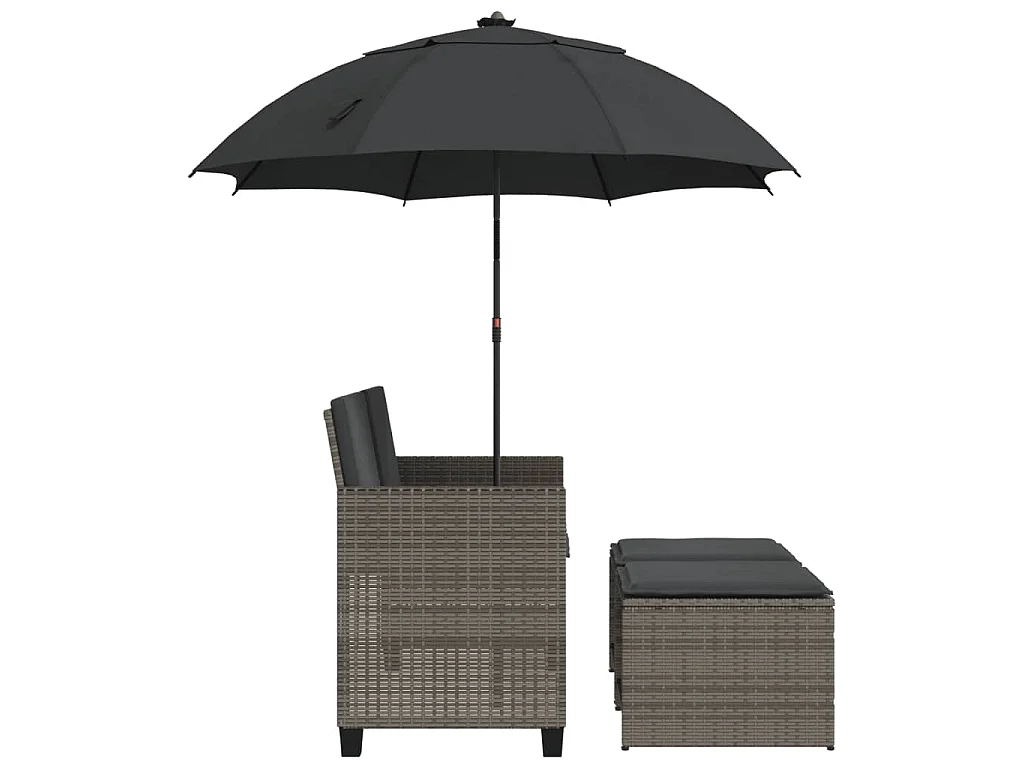 Tuinbank 2-zits met parasol en voetenbanken poly rattan grijs