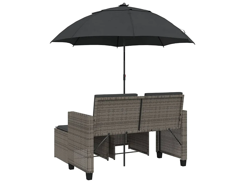 Tuinbank 2-zits met parasol en voetenbanken poly rattan grijs