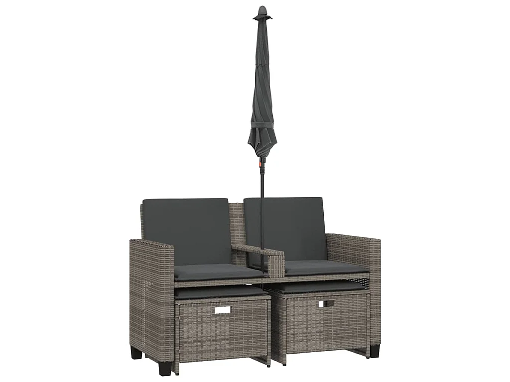 Tuinbank 2-zits met parasol en voetenbanken poly rattan grijs