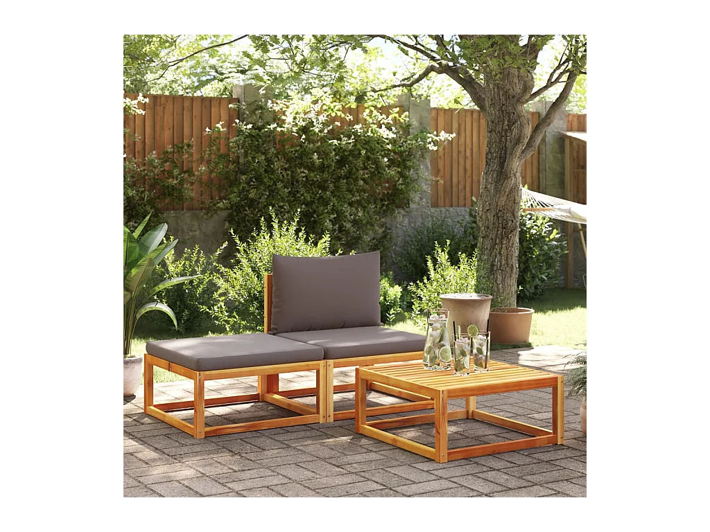 Ensemble de canapés de jardin 3 pièces avec coussins en bois d'acacia et rotin