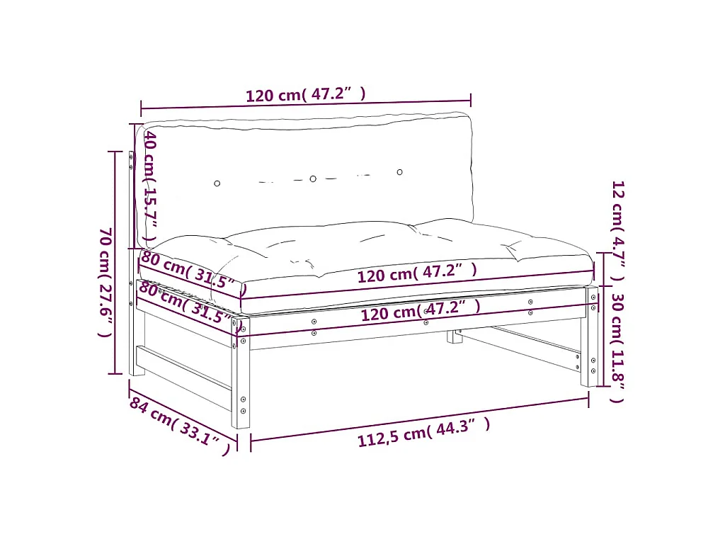 Canapé central 120x80 cm marron miel bois de pin massif