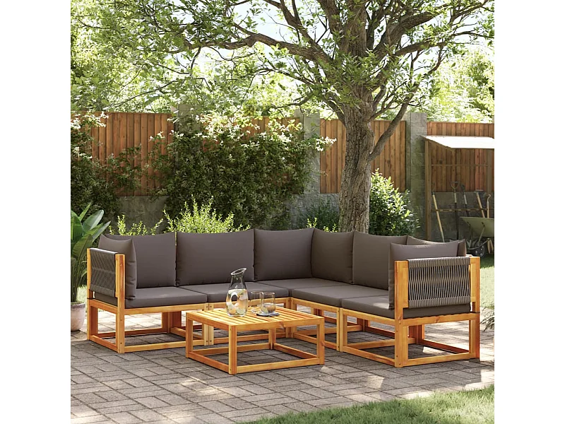 Conjunto de sofá de jardín de 6 piezas con cojines de madera de acacia y cuerda