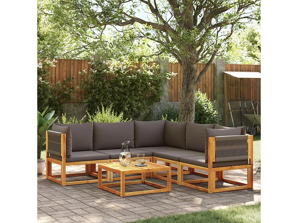 Ensemble de canapés de jardin 6 pièces avec coussins en bois d'acacia et corde