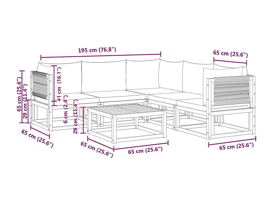 Ensemble de canapés de jardin 6 pièces avec coussins en bois d'acacia et corde