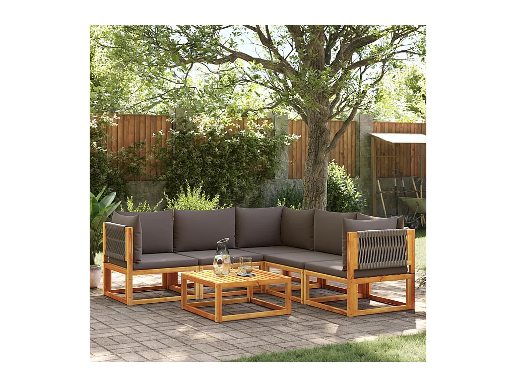 Ensemble de canapés de jardin 6 pièces avec coussins en bois d'acacia et corde