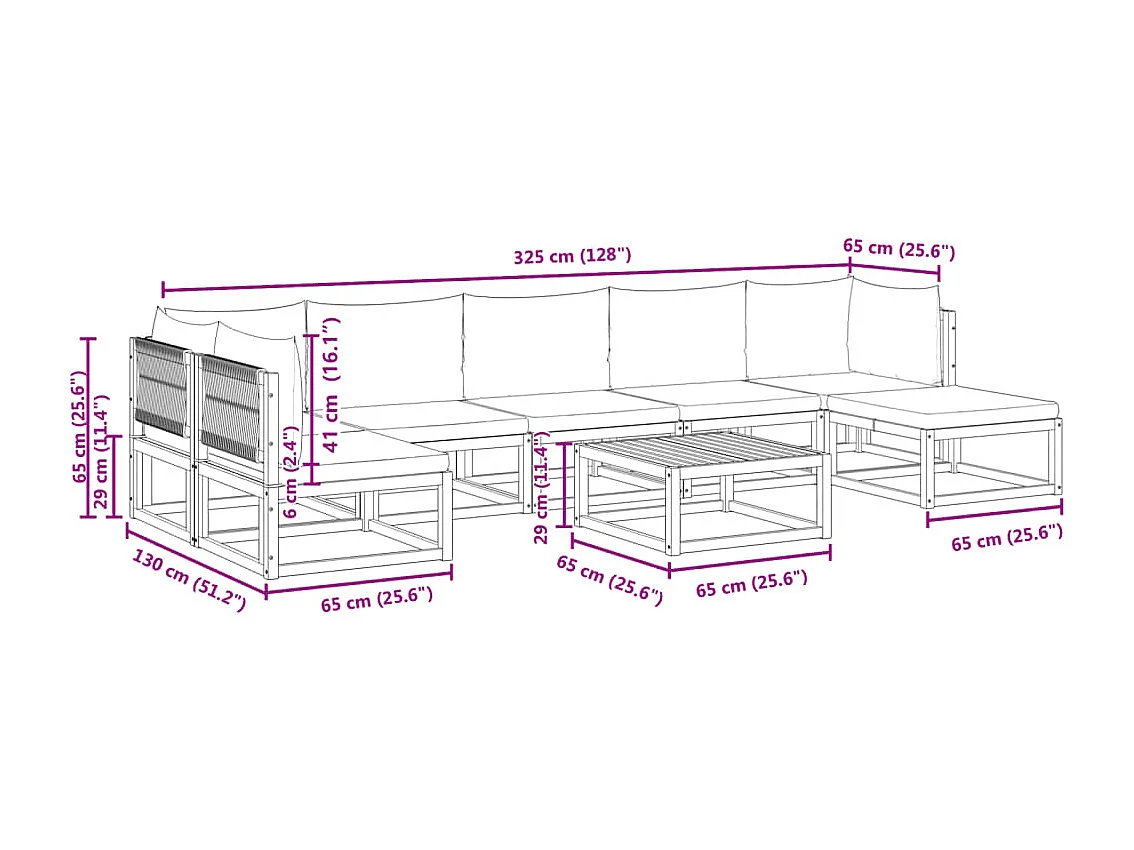 8-delige tuinbankset met kussens van acaciahout en touw