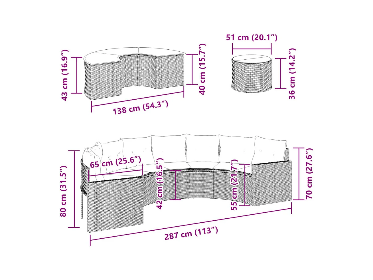 Salon de jardin 3 pcs demi-rond beige résine tressée