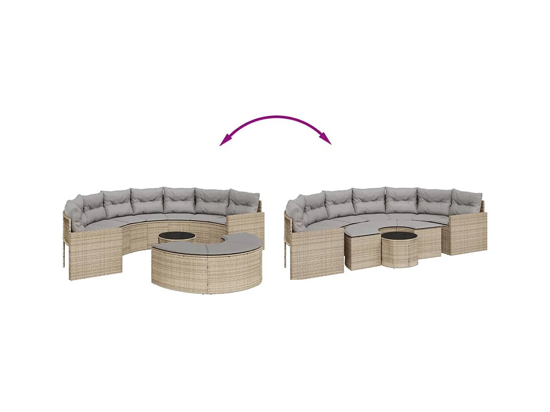 Salon de jardin 3 pcs demi-rond beige résine tressée