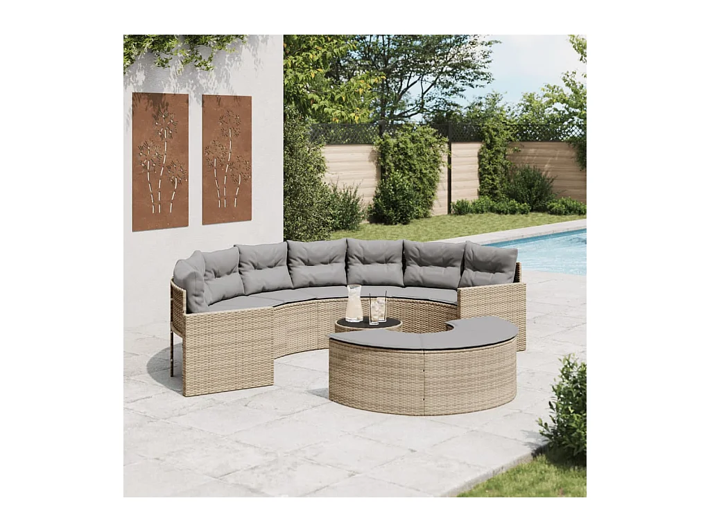 Salon de jardin 3 pcs demi-rond beige résine tressée