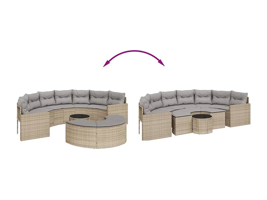 Salon de jardin 3 pcs demi-rond beige résine tressée