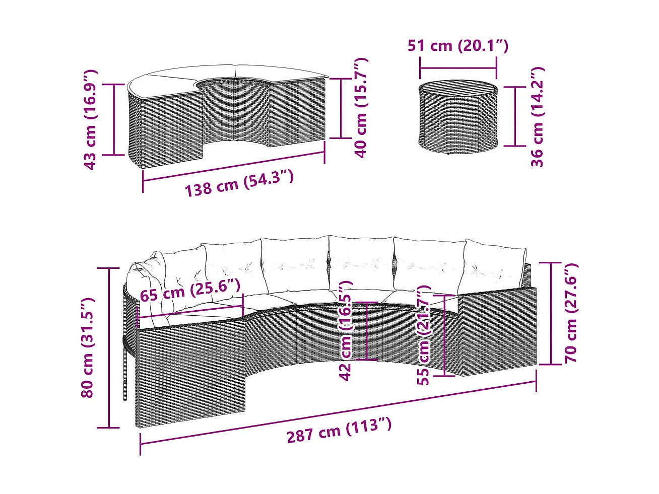 3-tlg. Garten-Sofagarnitur Halbrund Schwarz Poly-Rattan