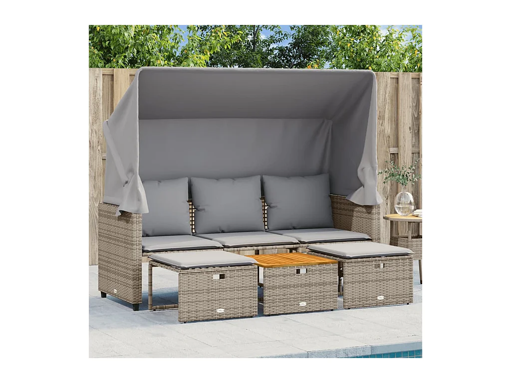 Outdoor-Sofa 3-Sitzer mit Dach und Hockern Grau Poly Rattan