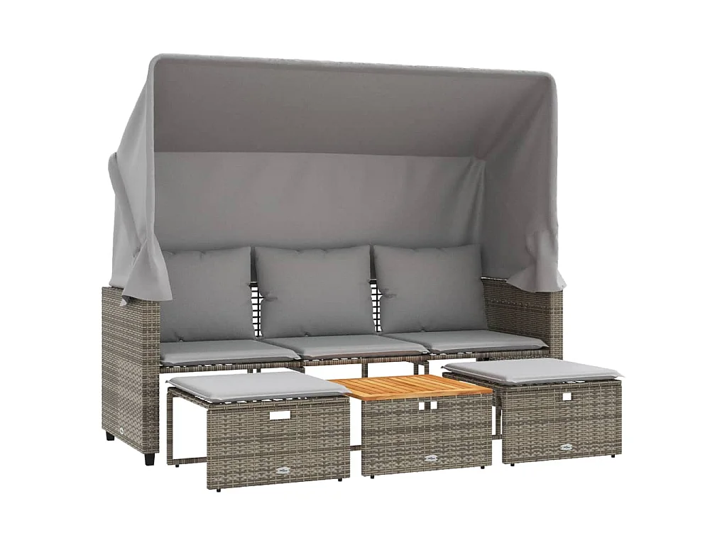 Divano Giardino 3 Posti con Tetto e Sgabelli Grigio Polyrattan