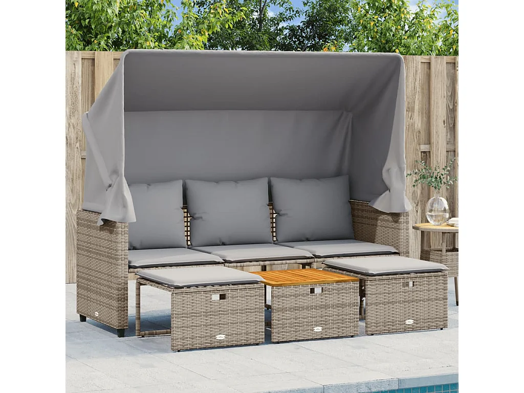 Divano Giardino 3 Posti con Tetto e Sgabelli Grigio Polyrattan