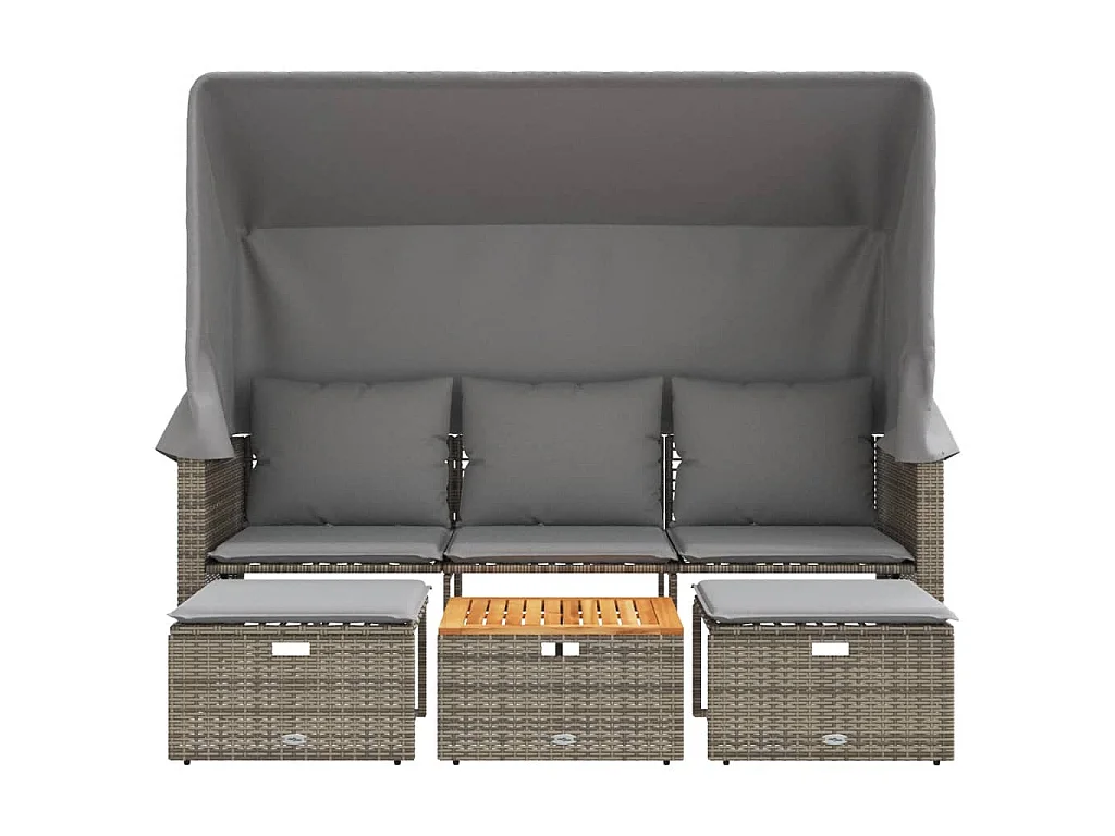 Divano Giardino 3 Posti con Tetto e Sgabelli Grigio Polyrattan