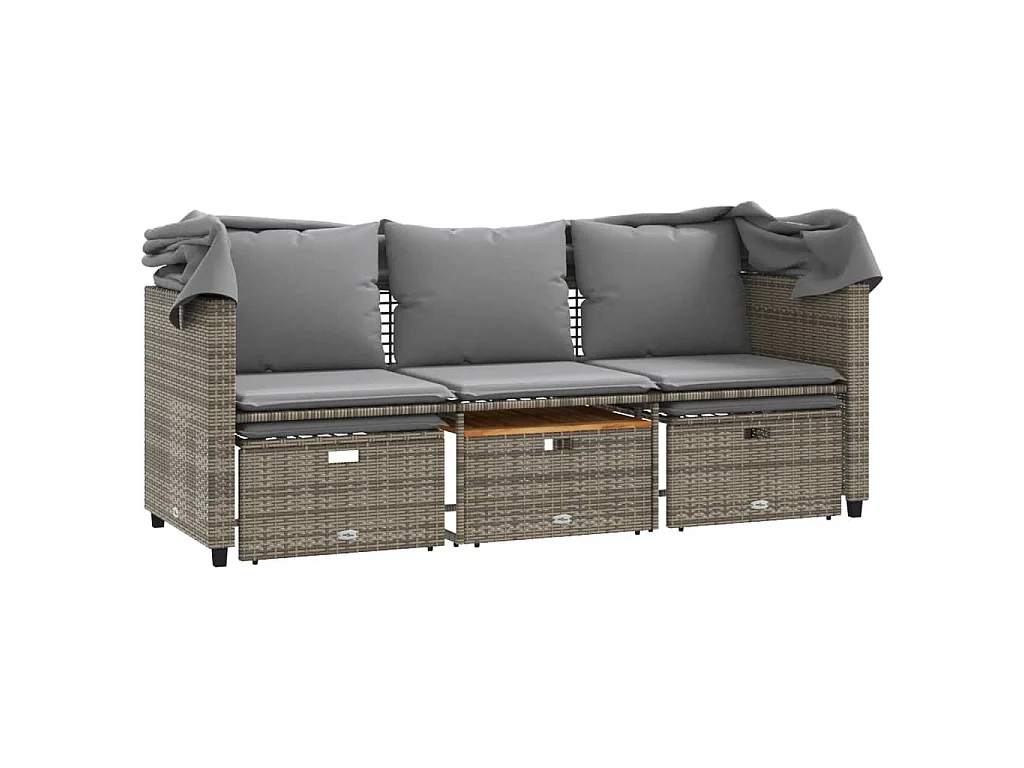 Divano Giardino 3 Posti con Tetto e Sgabelli Grigio Polyrattan