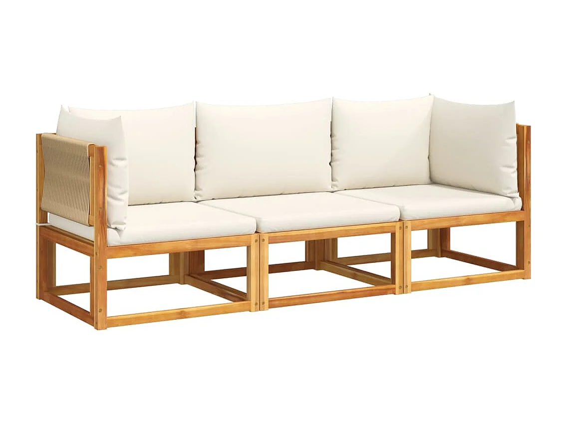 Ensemble de canapés de jardin 3 pièces avec coussins, bois d'acacia et corde,
