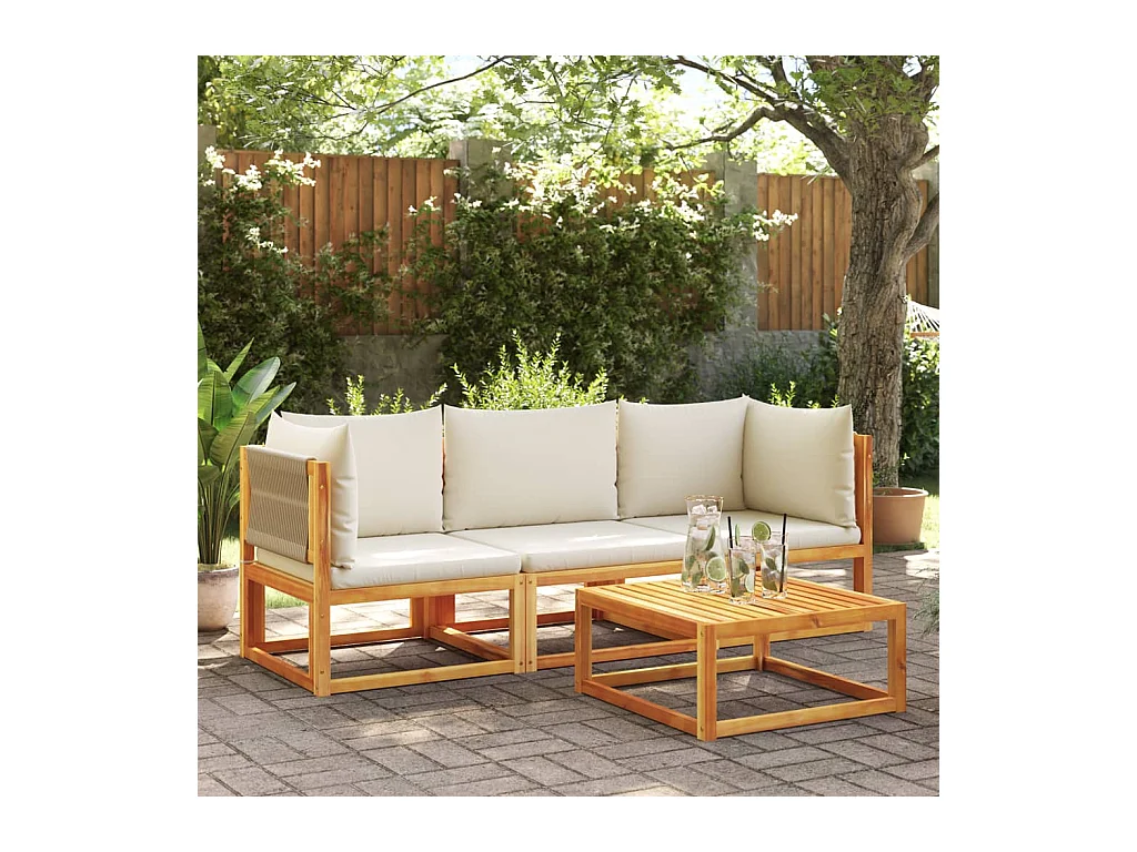 Ensemble de canapés de jardin 3 pièces avec coussins, bois d'acacia et corde,